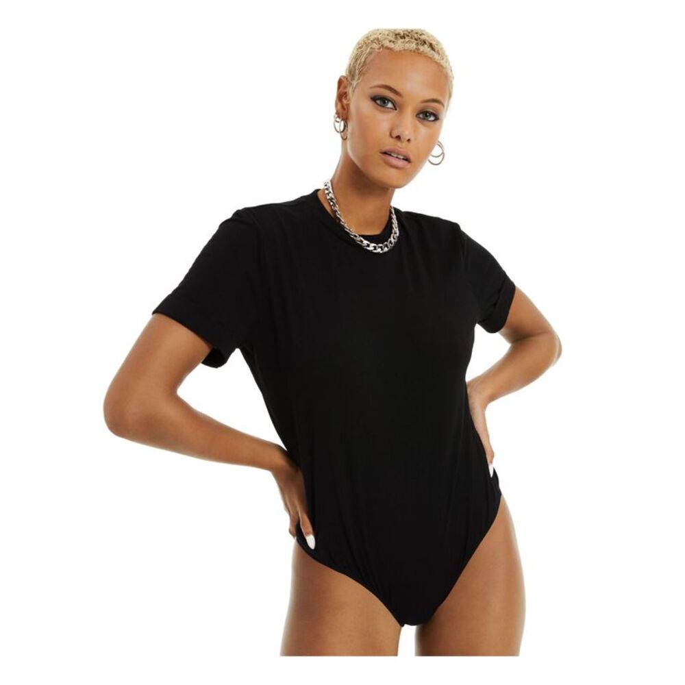 DANIELLE BERNSTEIN Womens Black Heather Short Sleeve Crew Neck Bodysuit Top XS